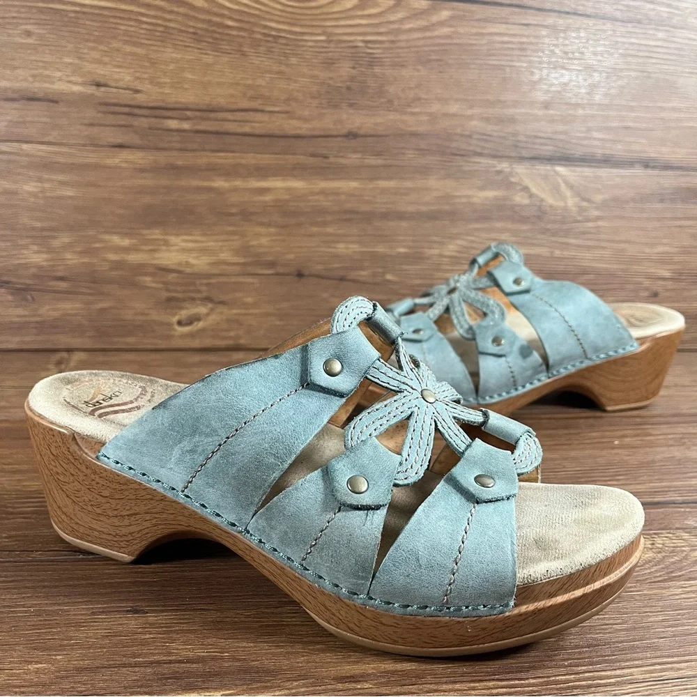 Dansko Serena Blue Leather Clogs Slides Sandals Women’s Size 8.5 (39)